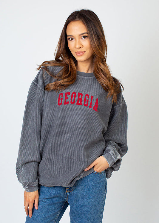 Georgia Bulldogs Unisex Charcoal Oversized Premium cotton corded fleece Sweatshirt with Super soft hand feel, vintage wash and ribbed crew neckline, cuffs, and hemline