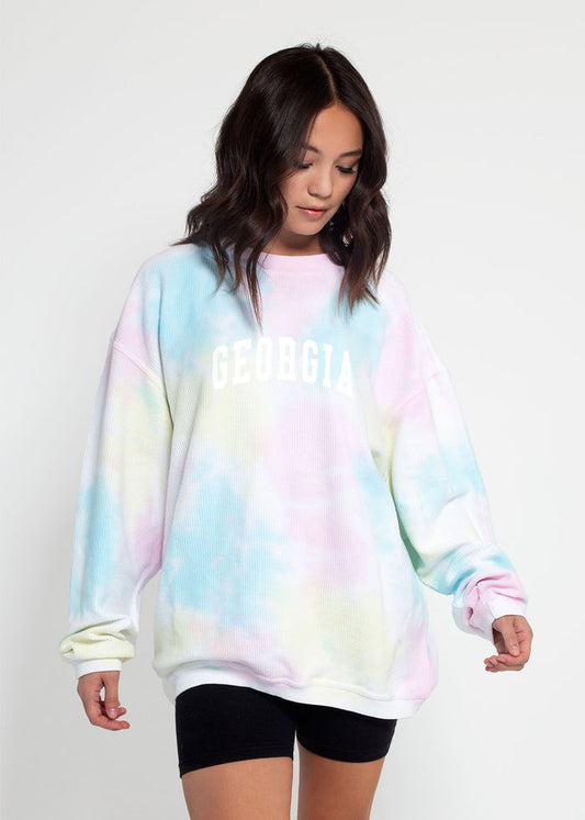 Georgia Bulldogs Unisex Rainbow-Tie-Dye Oversized Premium cotton corded fleece Sweatshirt with Super soft hand feel, vintage wash and ribbed crew neckline, cuffs, and hemline