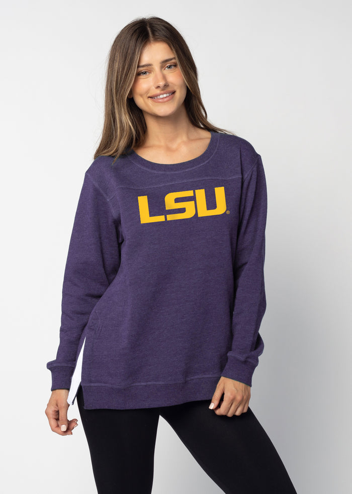 LSU Tigers Women's Purple  Feathered fleece  with Long side slits finished with white twill tape and front yoke seam