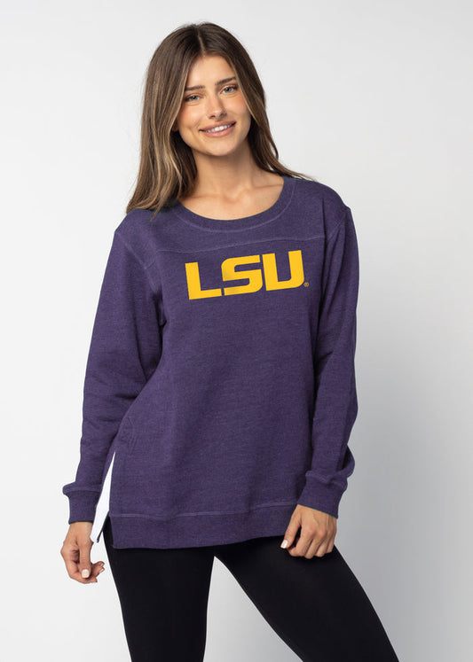 LSU Tigers Women's Purple  Feathered fleece  with Long side slits finished with white twill tape and front yoke seam