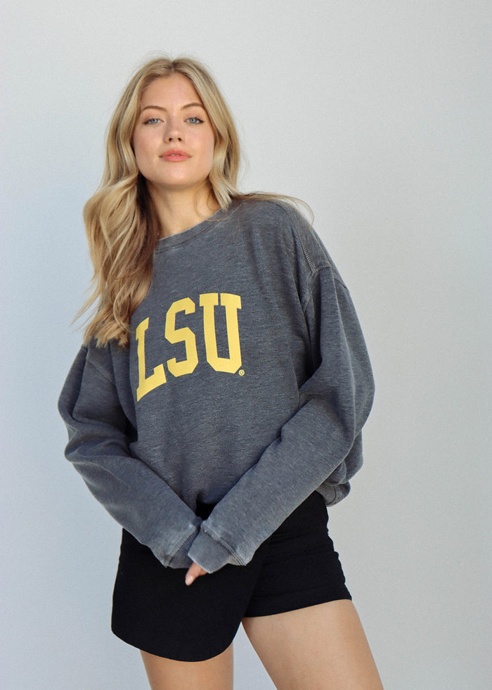 LSU Tigers Unisex Charcoal Oversized Burnout fleece Sweatshirt with Ribbed crew neckline, cuffs, hem, dropped shoulders and relaxed bottom hem