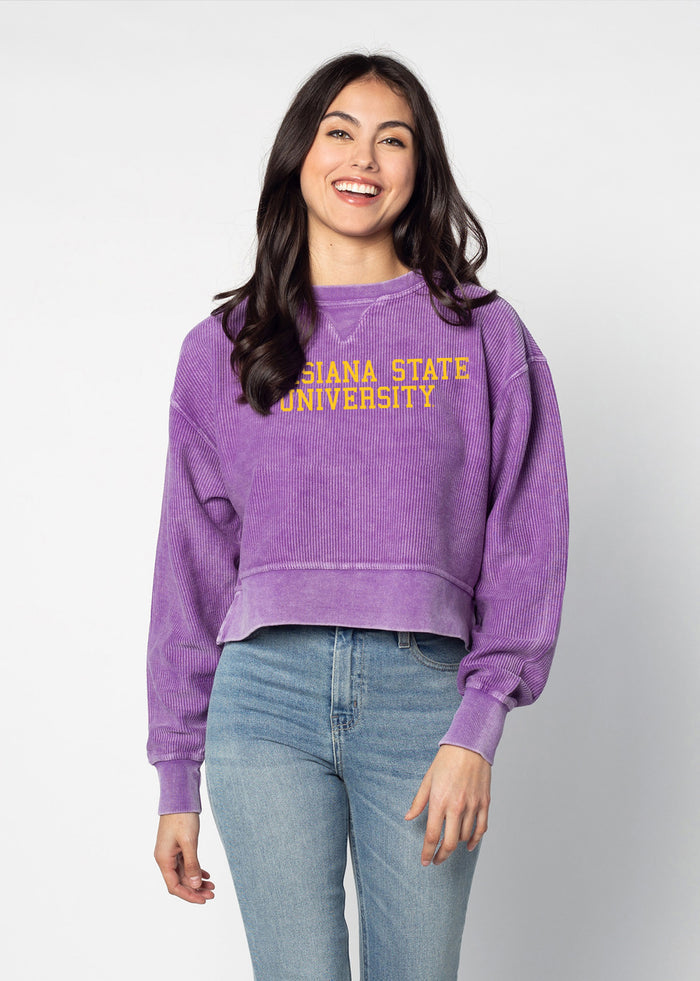 LSU Tigers Women's Purple Relaxed Premium cotton corded fleece Sweatshirt with Super soft hand feel, vintage wash, side slits and ribbed crew neckline, cuffs, and hemline