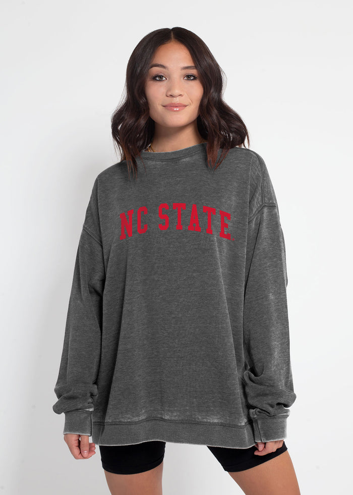 NC State Wolfpack Unisex Charcoal Oversized Burnout fleece Sweatshirt with Ribbed crew neckline, cuffs, hem, dropped shoulders and relaxed bottom hem