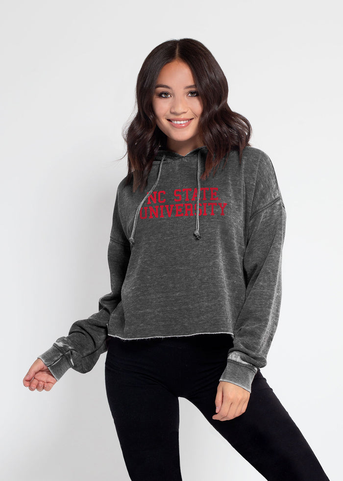 NC State Wolfpack Women's Charcoal Relaxed, waist-length Burnout fleece Hoodie with Lived-in look, drawstring hood, dropped shoulders and raw edge