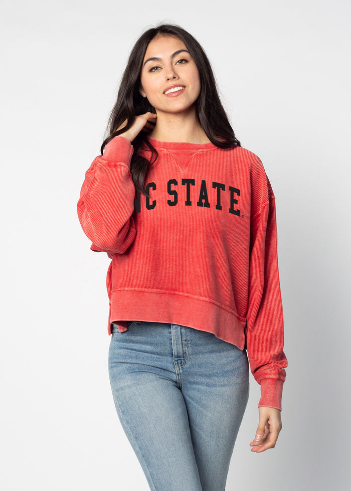 NC State Wolfpack Women's Red Relaxed Premium cotton corded fleece Sweatshirt with Super soft hand feel, vintage wash, side slits and ribbed crew neckline, cuffs, and hemline