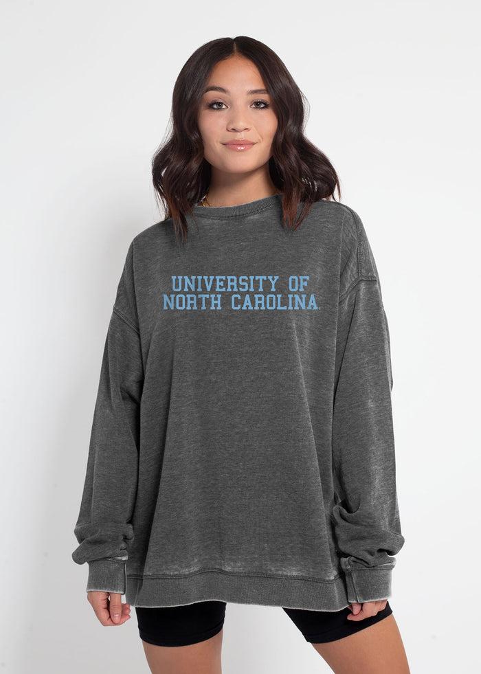 North Carolina Tar Heels Unisex Charcoal Oversized Burnout fleece Sweatshirt with Ribbed crew neckline, cuffs, hem, dropped shoulders and relaxed bottom hem