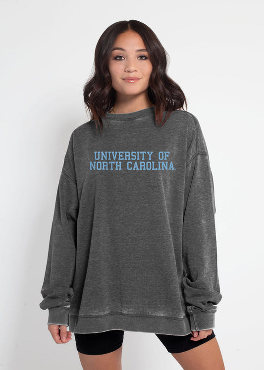 North Carolina Tar Heels Unisex Charcoal Oversized Burnout fleece Sweatshirt with Ribbed crew neckline, cuffs, hem, dropped shoulders and relaxed bottom hem