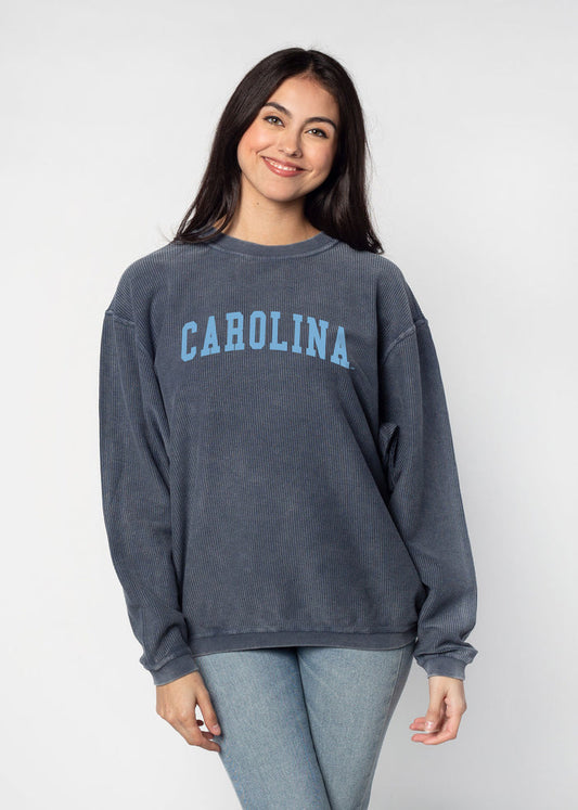 North Carolina Tar Heels Unisex Navy Oversized Premium cotton corded fleece Sweatshirt with Super soft hand feel, vintage wash and ribbed crew neckline, cuffs, and hemline