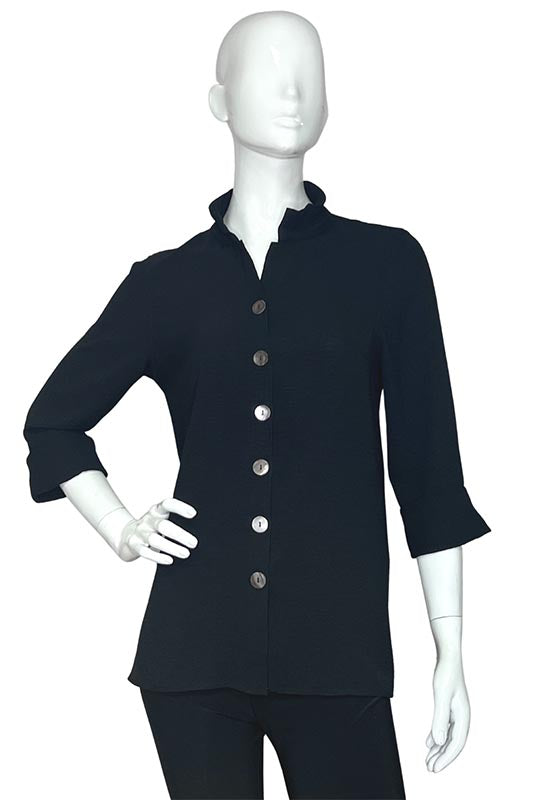Women's Stand Up Wire Collar 3/4 Shirt With Shell Buttons - Black