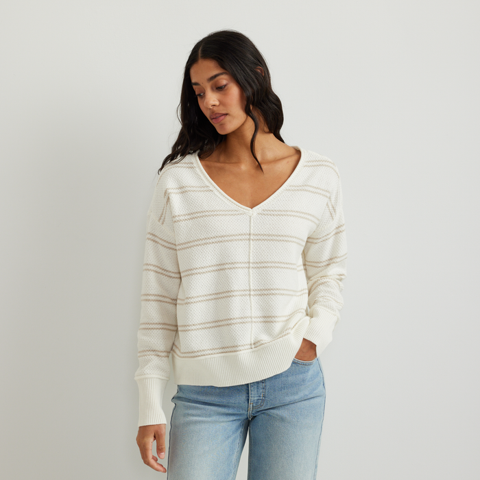 Women's V-Neck Sweater - Stripe-Natural-Regular-C1