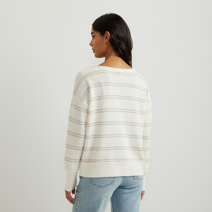 Women's V-Neck Sweater - Stripe-Natural-Regular-F1