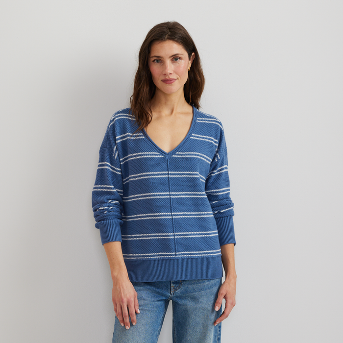 Women's V-Neck Sweater - Stripe-Tile Blue-Regular-C1