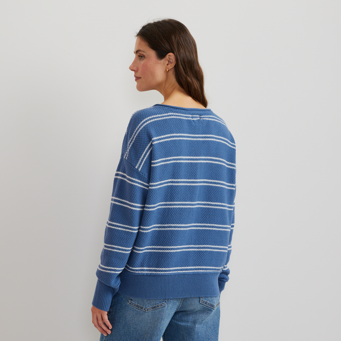 Women's V-Neck Sweater - Stripe-Tile Blue-Regular-F1