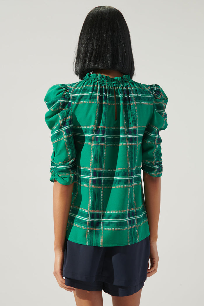 Woodland Jade Plaid Drape Sleeve Top