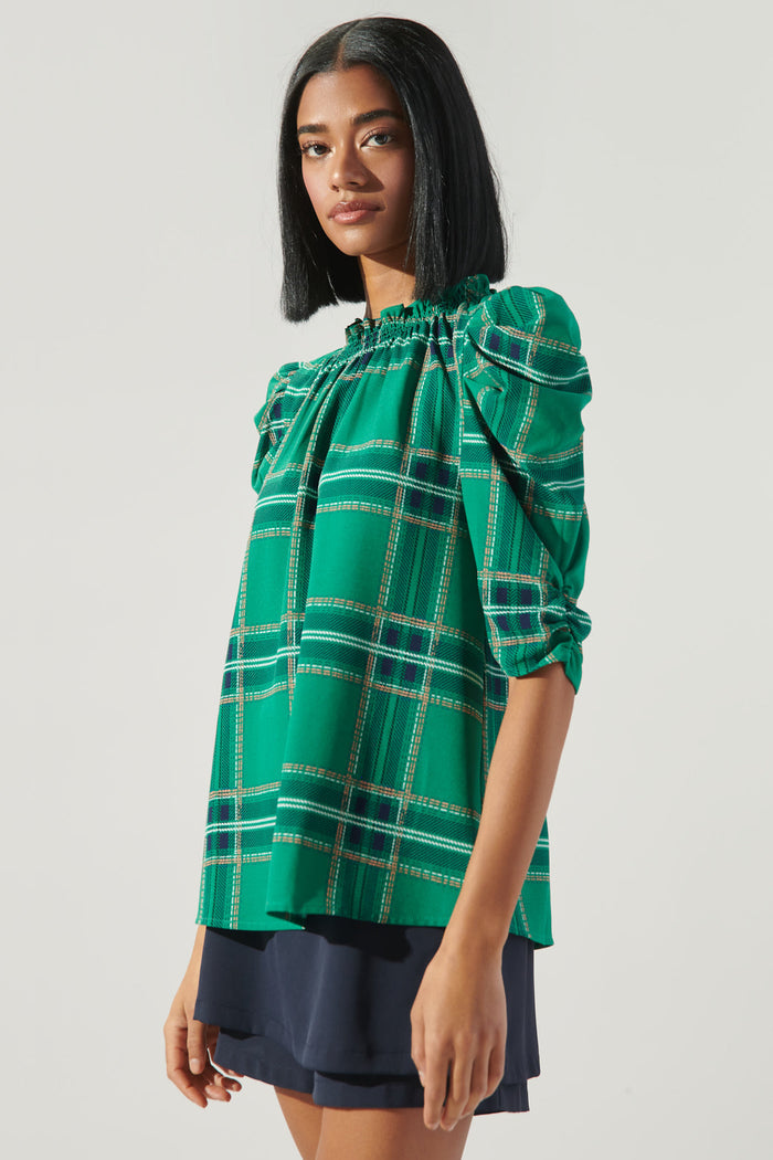 Woodland Jade Plaid Drape Sleeve Top