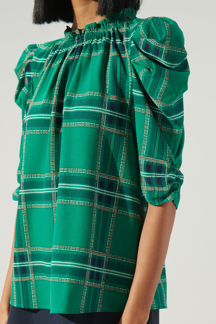 Woodland Jade Plaid Drape Sleeve Top