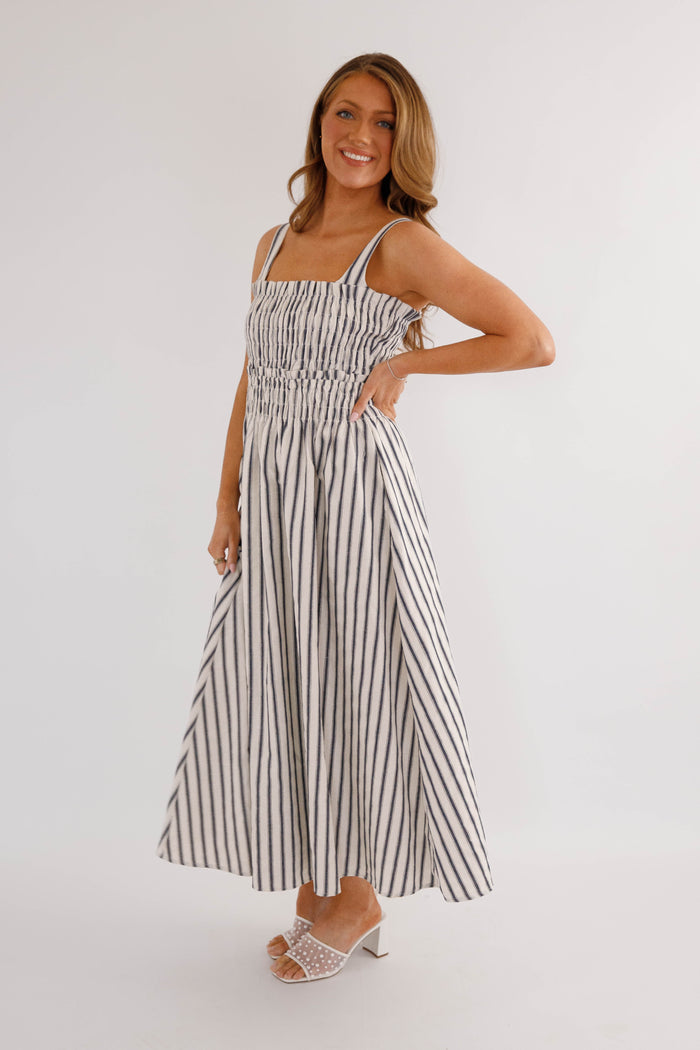 Navy and White Striped Midi Dress- Coastal Striped Midi Dress- TCEC Striped Dress