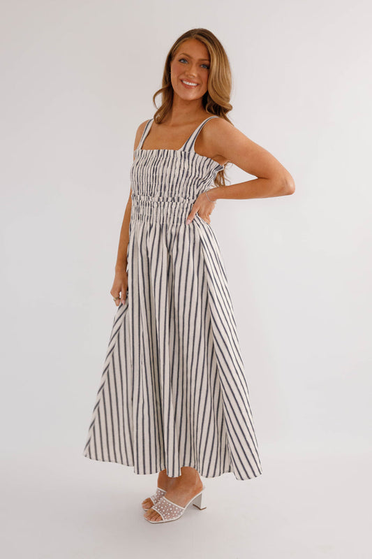 Navy and White Striped Midi Dress- Coastal Striped Midi Dress- TCEC Striped Dress