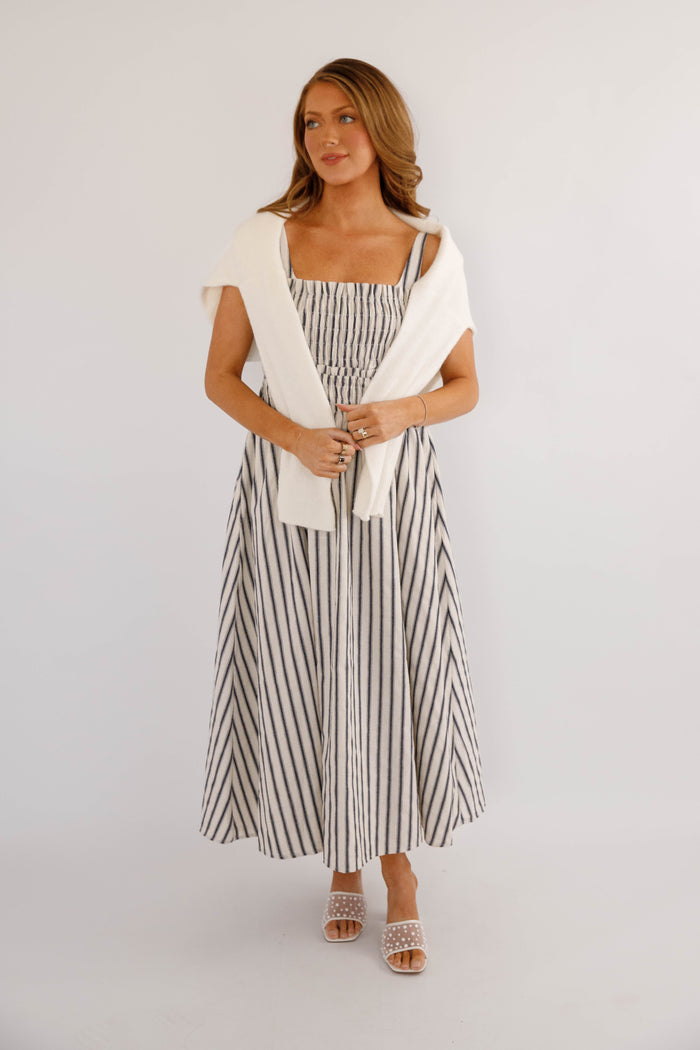 Navy and White Striped Midi Dress- Coastal Striped Midi Dress- TCEC Striped Dress