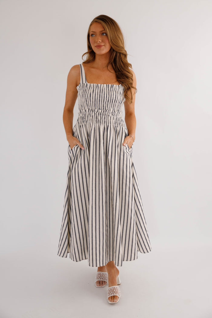 Navy and White Striped Midi Dress- Coastal Striped Midi Dress- TCEC Striped Dress