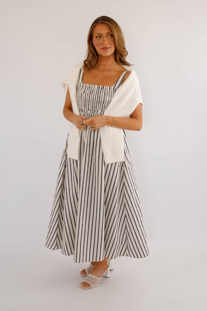 Navy and White Striped Midi Dress- Coastal Striped Midi Dress- TCEC Striped Dress