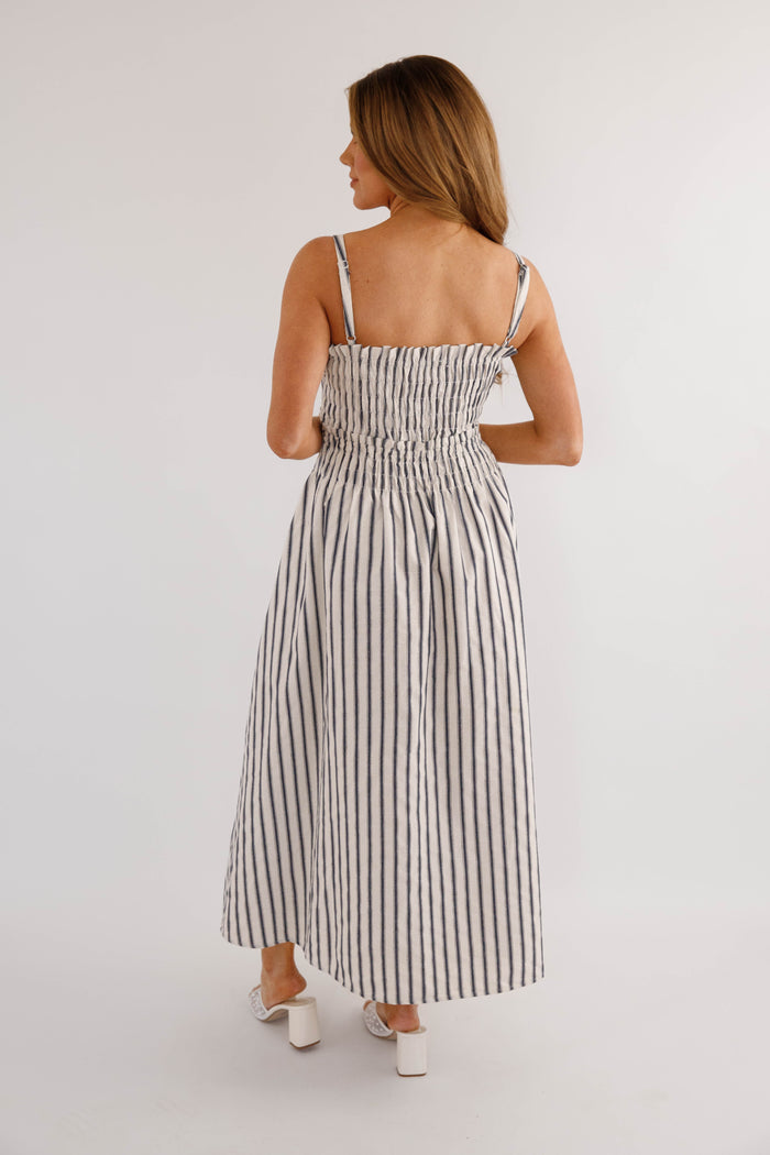 Navy and White Striped Midi Dress- Coastal Striped Midi Dress- TCEC Striped Dress