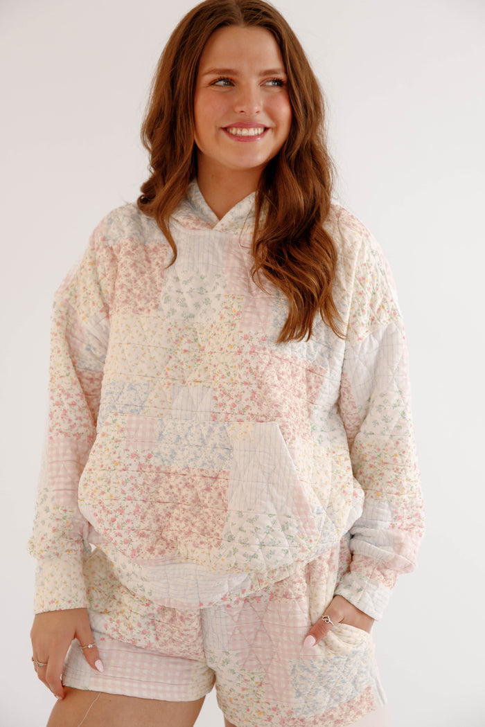 Patchwork Floral Hoodie – Cottagecore Lounge Hoodie – Quilted Pastel Hoodie