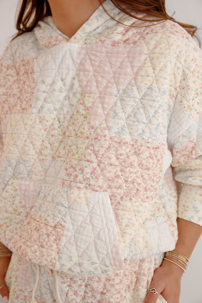Patchwork Floral Hoodie – Cottagecore Lounge Hoodie – Quilted Pastel Hoodie
