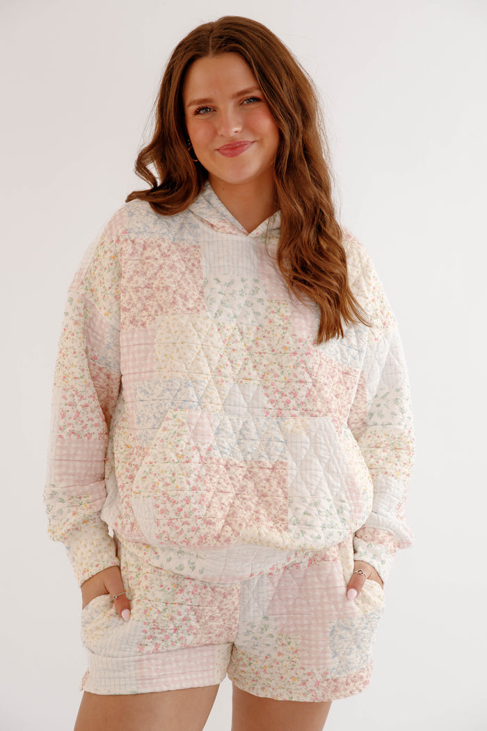 Patchwork Floral Hoodie – Cottagecore Lounge Hoodie – Quilted Pastel Hoodie