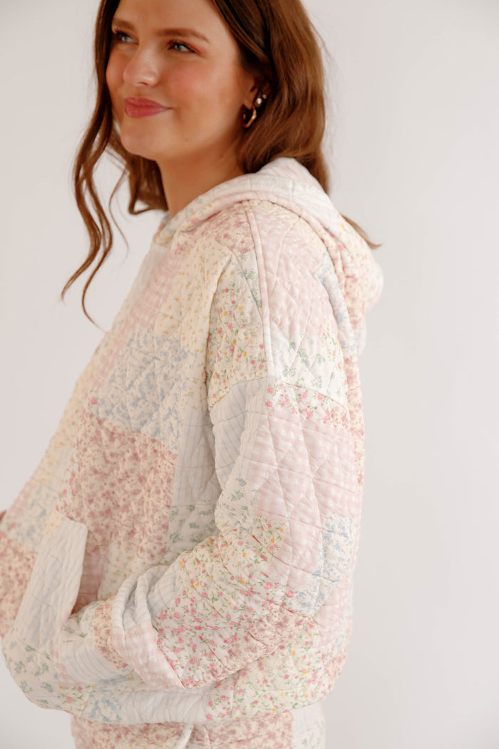 Patchwork Floral Hoodie – Cottagecore Lounge Hoodie – Quilted Pastel Hoodie