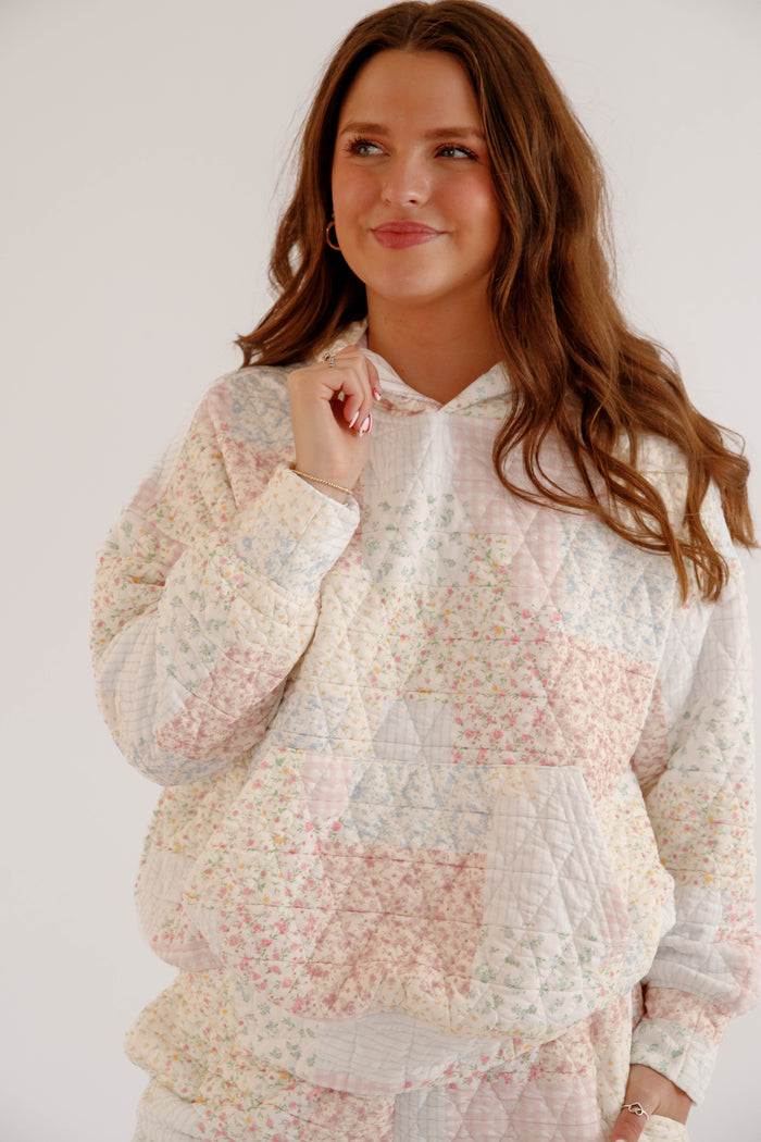 Patchwork Floral Hoodie – Cottagecore Lounge Hoodie – Quilted Pastel Hoodie