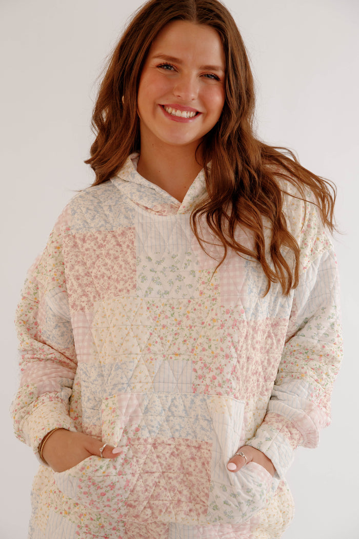 Patchwork Floral Hoodie – Cottagecore Lounge Hoodie – Quilted Pastel Hoodie