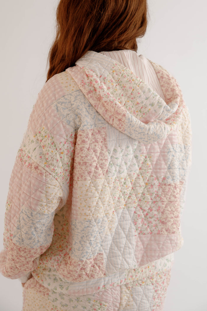 Patchwork Floral Hoodie – Cottagecore Lounge Hoodie – Quilted Pastel Hoodie