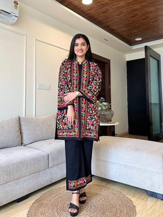 Zaina Woolen Embroidered Coord Set- Black