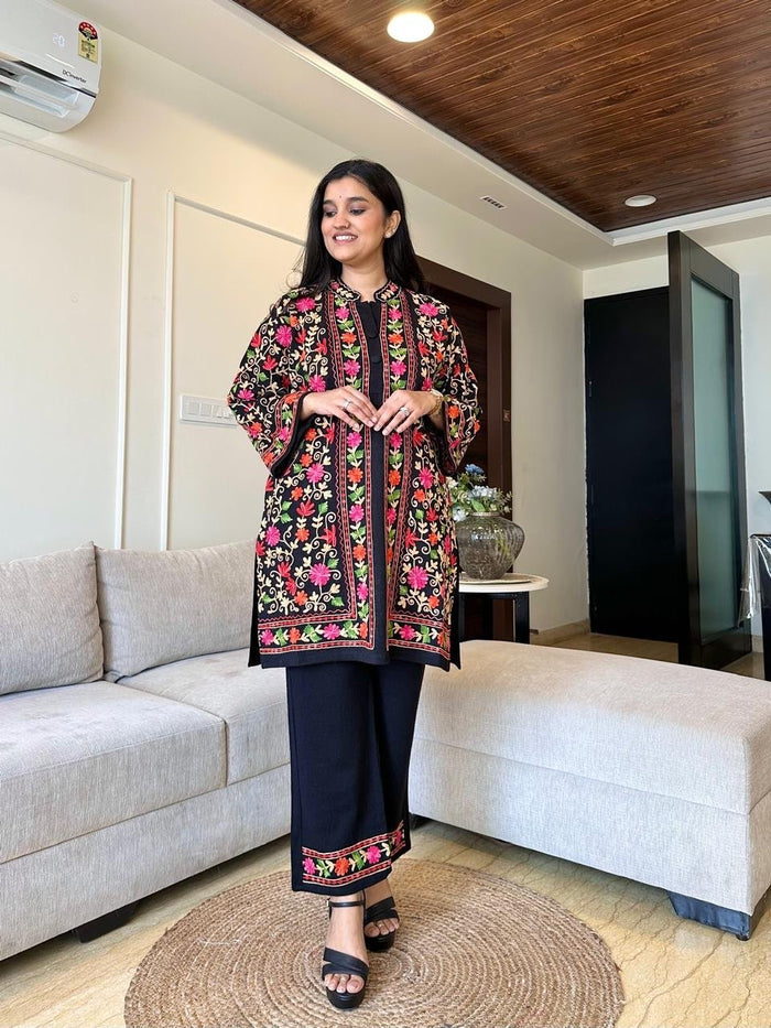 Zaina Woolen Embroidered Coord Set- Black