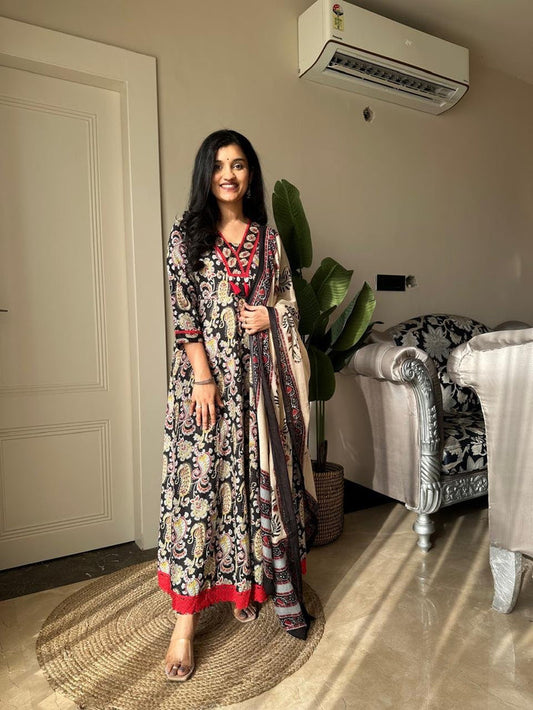Zarza Printed Cotton Anarkali Suit- Black