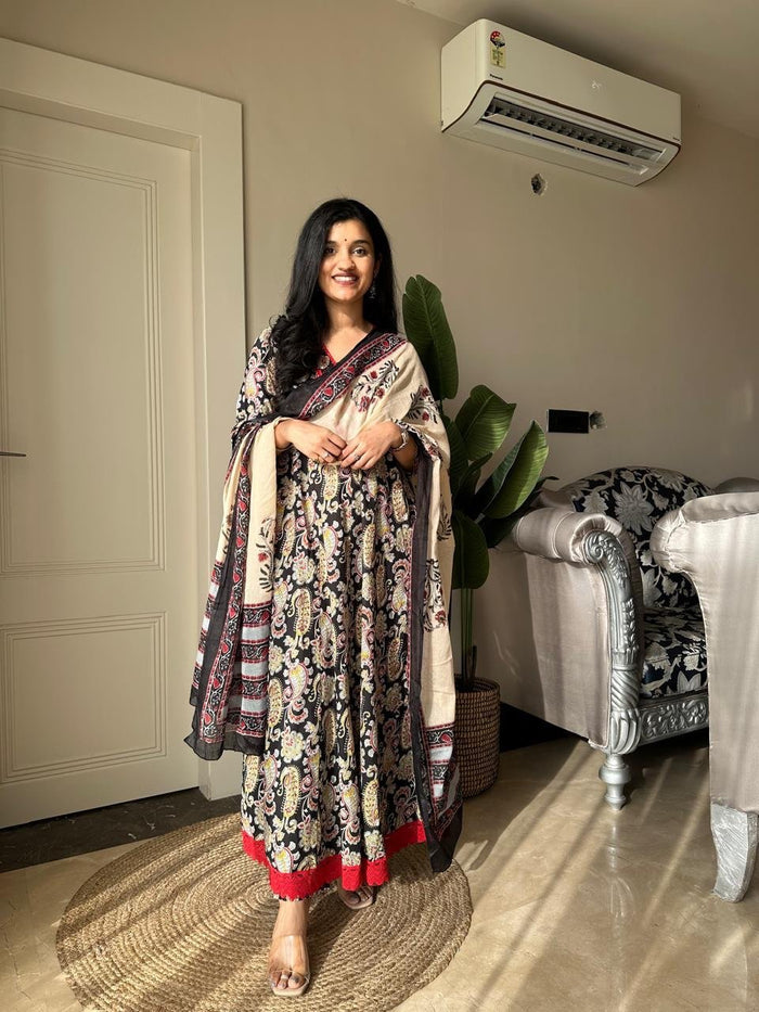 Zarza Printed Cotton Anarkali Suit- Black