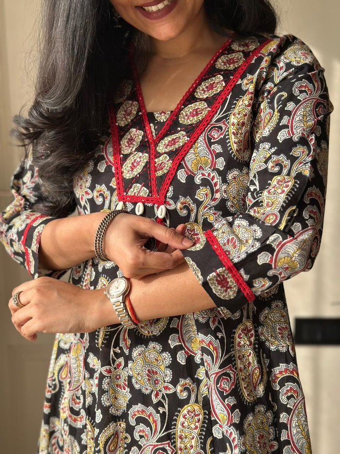 Zarza Printed Cotton Anarkali Suit- Black