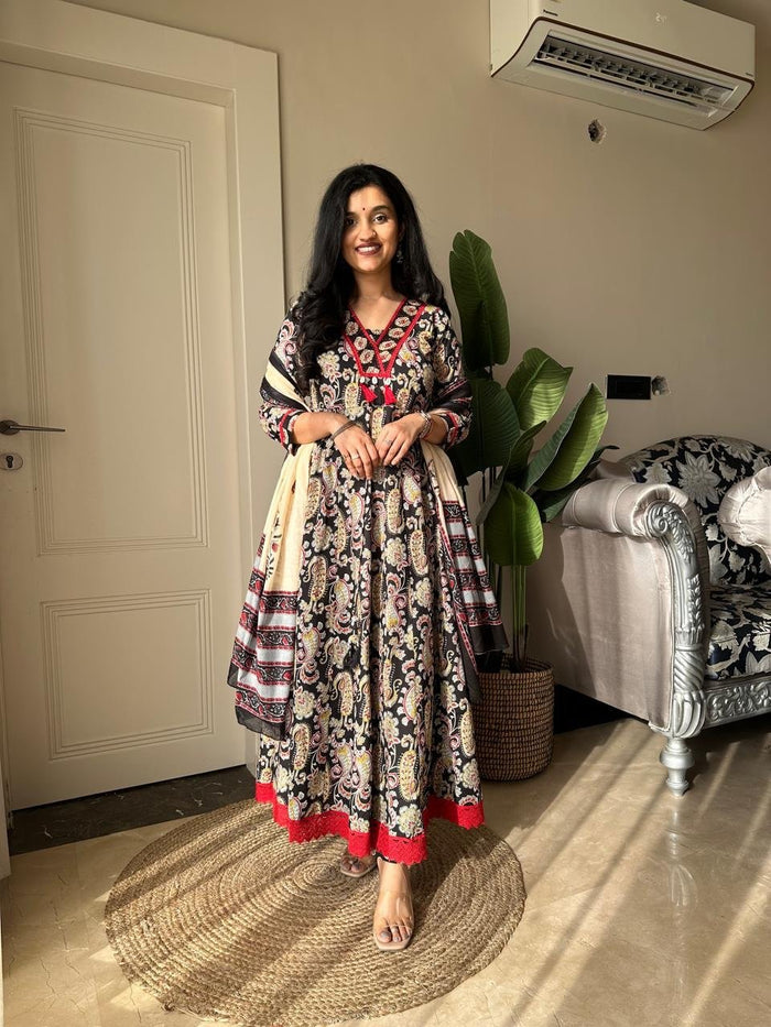 Zarza Printed Cotton Anarkali Suit- Black