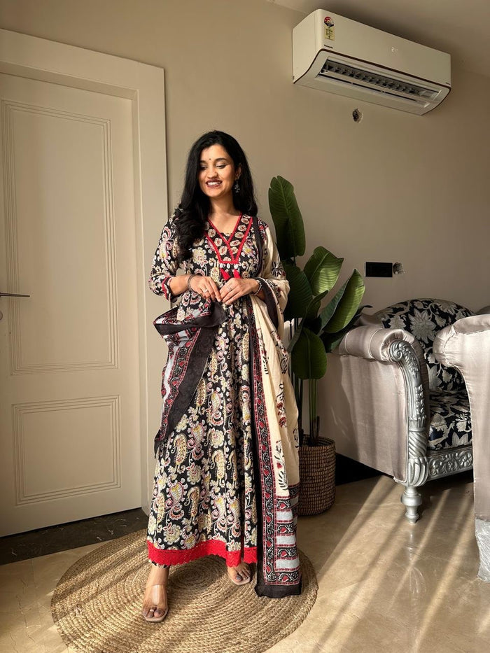 Zarza Printed Cotton Anarkali Suit- Black