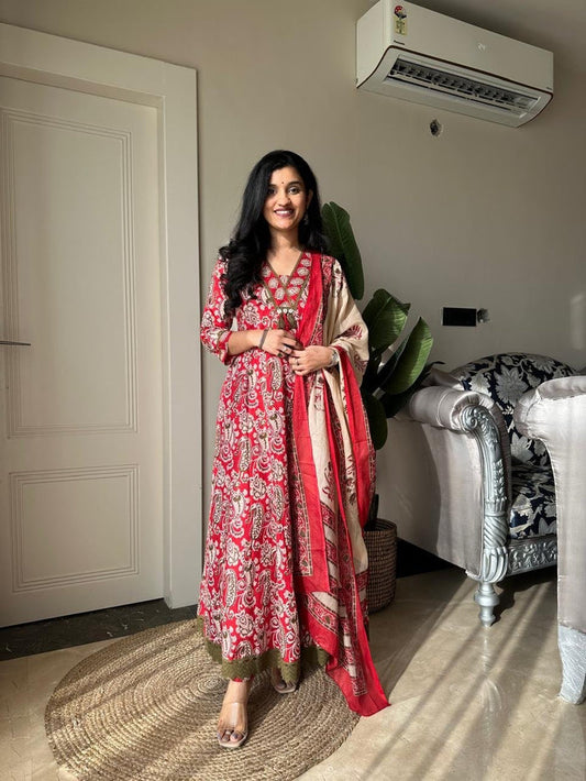 Zarza Printed Cotton Anarkali Suit- Red