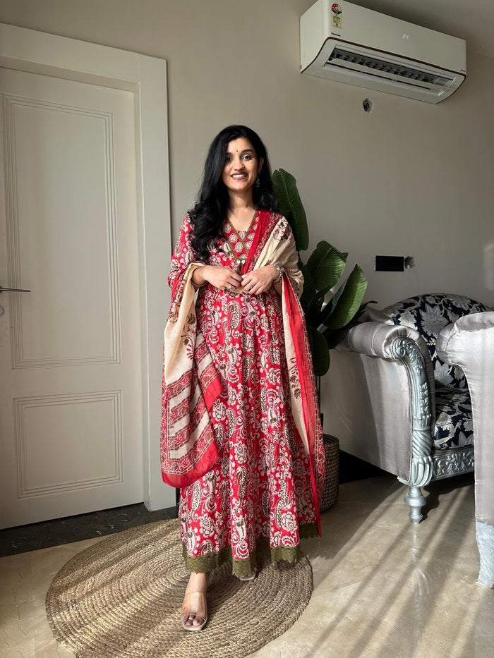 Zarza Printed Cotton Anarkali Suit- Red