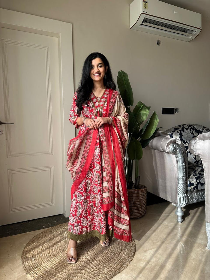 Zarza Printed Cotton Anarkali Suit- Red