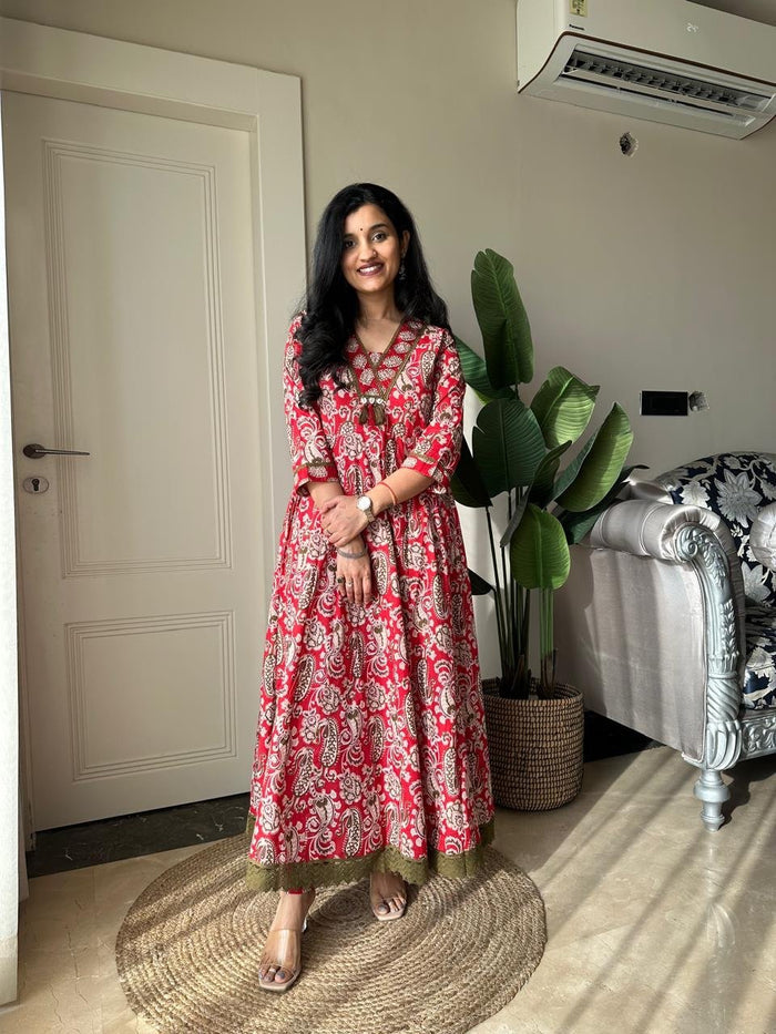 Zarza Printed Cotton Anarkali Suit- Red