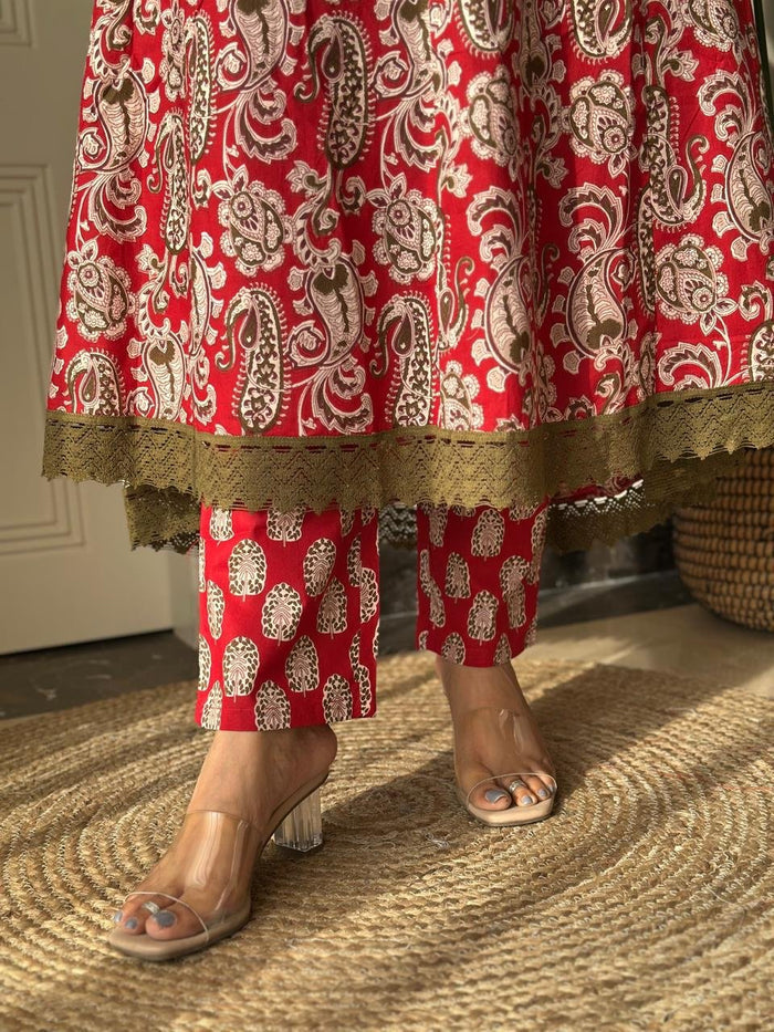 Zarza Printed Cotton Anarkali Suit- Red
