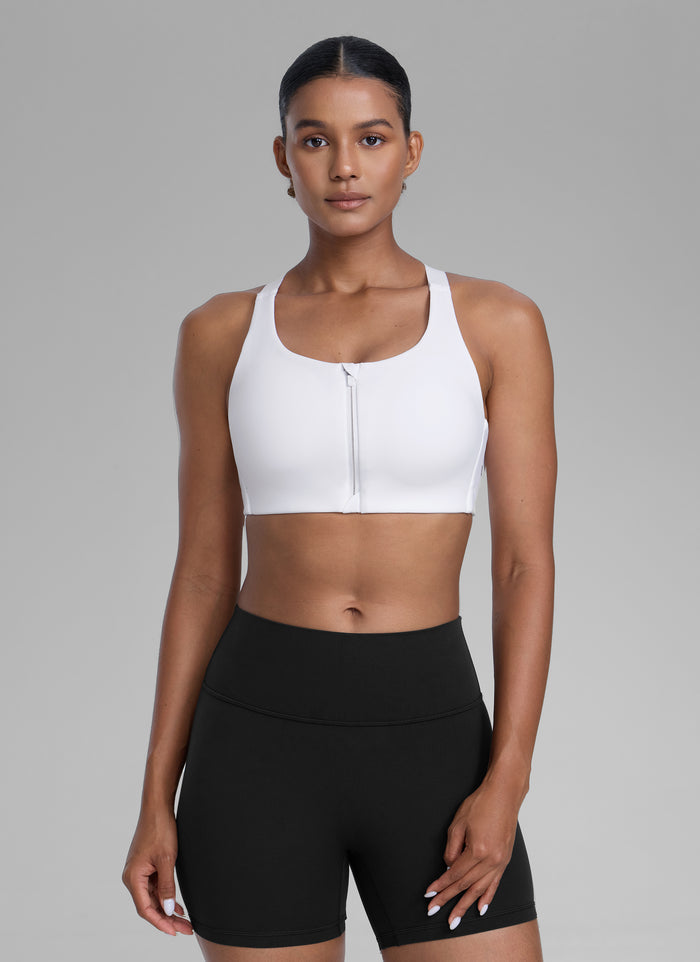 CRZ YOGA Womens Zip Front High Impact Sport Bra with Adjustable Straps White