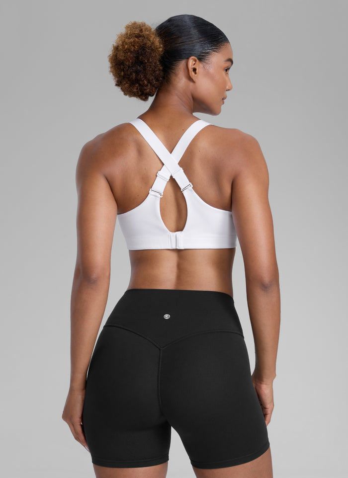 CRZ YOGA Womens Zip Front High Impact Sport Bra with Adjustable Straps White