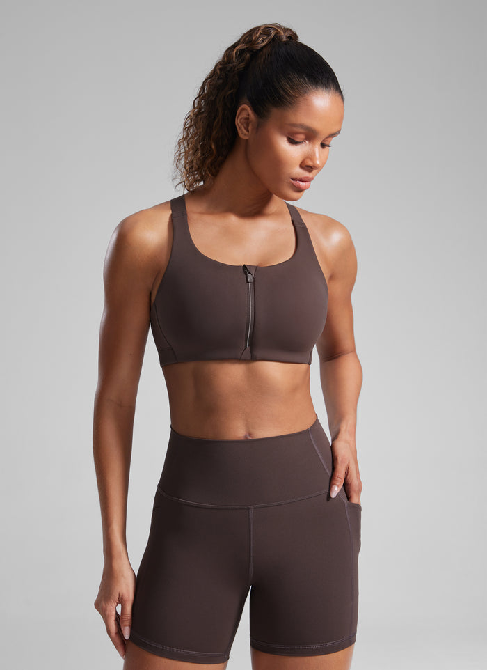 CRZ YOGA Womens Zip Front High Impact Sport Bra with Adjustable Straps Hot Fudge Brown