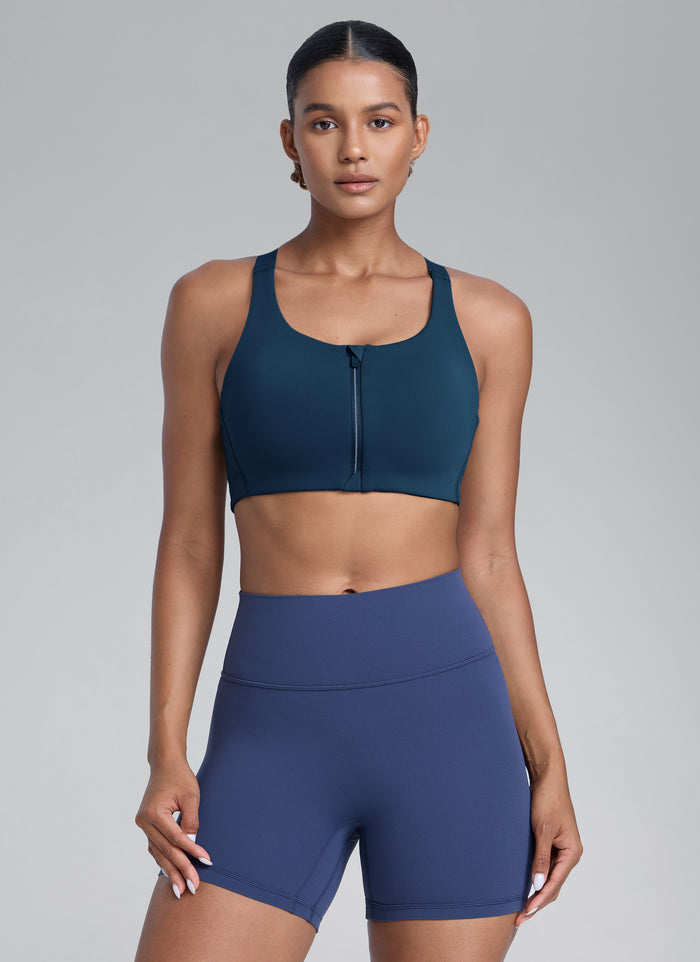 CRZ YOGA Womens Zip Front High Impact Sport Bra with Adjustable Straps French Navy