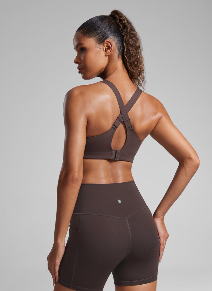 CRZ YOGA Womens Zip Front High Impact Sport Bra with Adjustable Straps Hot Fudge Brown